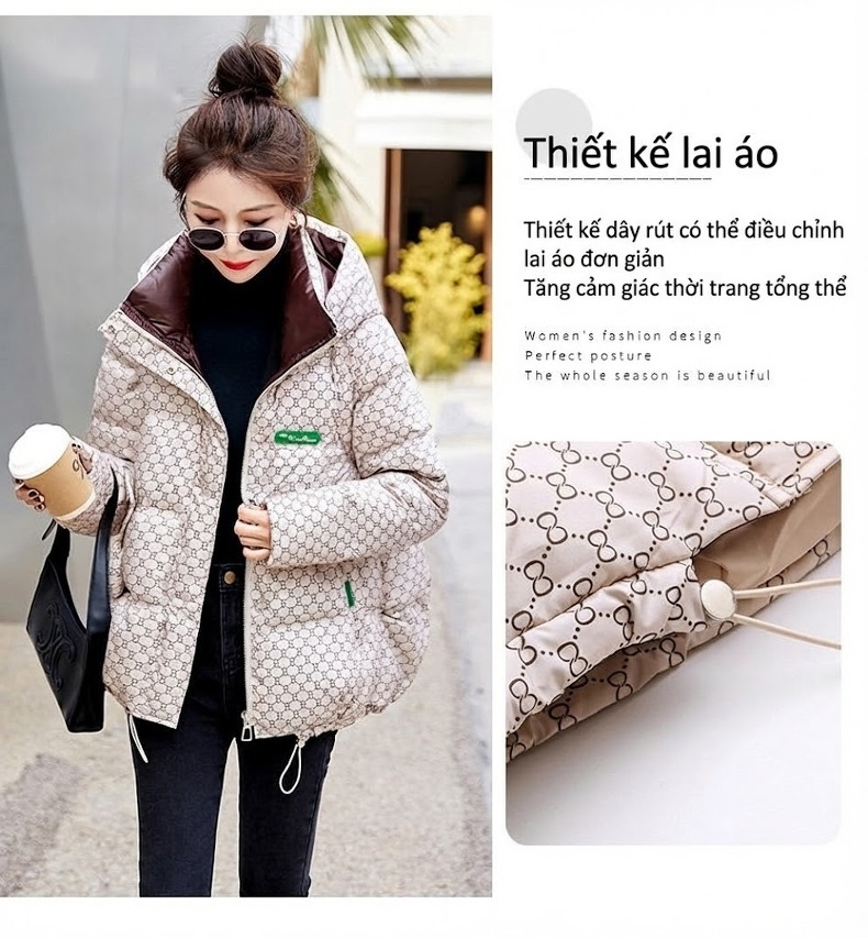 Áo Khoác Phao Nữ Cotton Kiểu Ngắn Thời Trang Màu Trắng Kem, Đen chi tiết 7