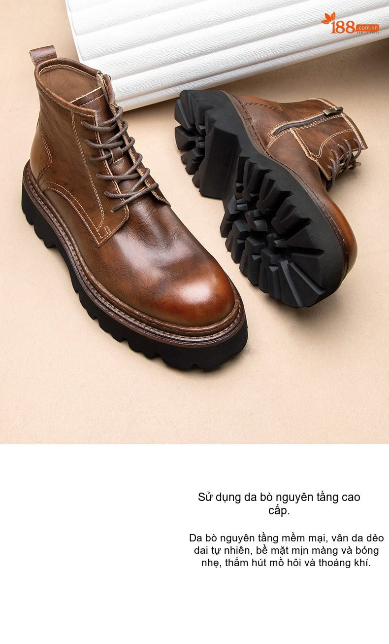 Giày Boot Martin Nam Da Bò Cổ Lửng Khóa Kéo Phong Cách Anh Chiều Cao Đế Khoảng 4cm Màu Nâu, Đen chi tiết 4