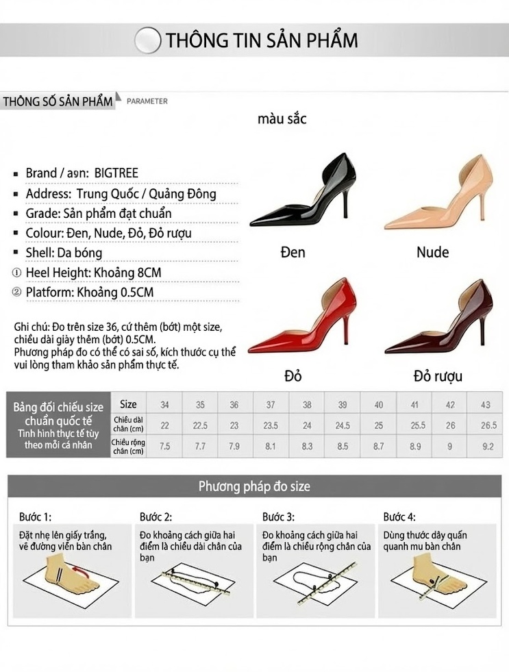 Giày Cao Gót Nữ Da Bóng Hở Bên Chiều Cao Đế Khoảng 6cm Màu Đỏ, Kem, Đen, Đỏ Rượu Vang chi tiết 1