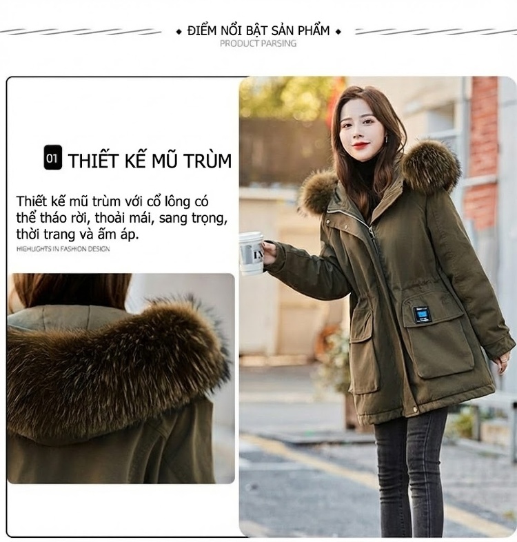 Áo Khoác Phao Nữ Cotton Dáng Dài Có Mũ Trùm Đầu Lót Lông Dày Dặn Màu Đen, Xanh Rêu chi tiết 5