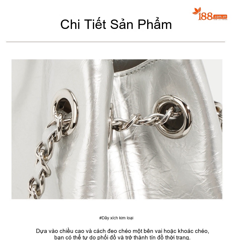 Túi Tote Nữ Da Thật Dây Xích Đeo Vai Đeo Chéo Bề Mặt Da Bóng Màu Bạc, Đỏ Đậm chi tiết 6
