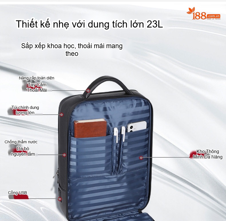 Balo Da Thật Nam Đa Năng USB Công Sở Thời Trang Dung Tích Lớn Màu Đen chi tiết 8