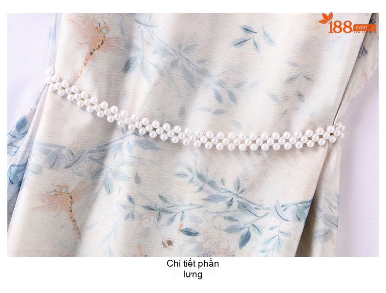 Váy Suông Quốc Phong Cách Tân Cổ Điển, dáng chữ A, Tay Ngắn Màu Xanh Lam, Vàng Be chi tiết 30