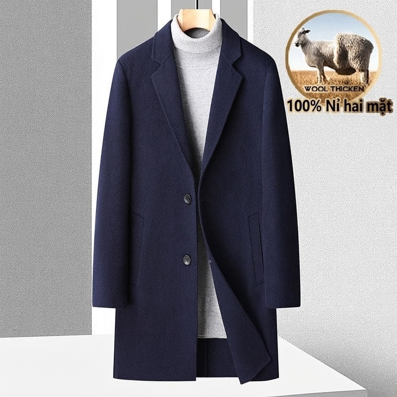 Áo Khoác Dạ Nam 100% Lông Cừu Hai Mặt Dáng Suông Màu Đen, Xám, Xanh Navy