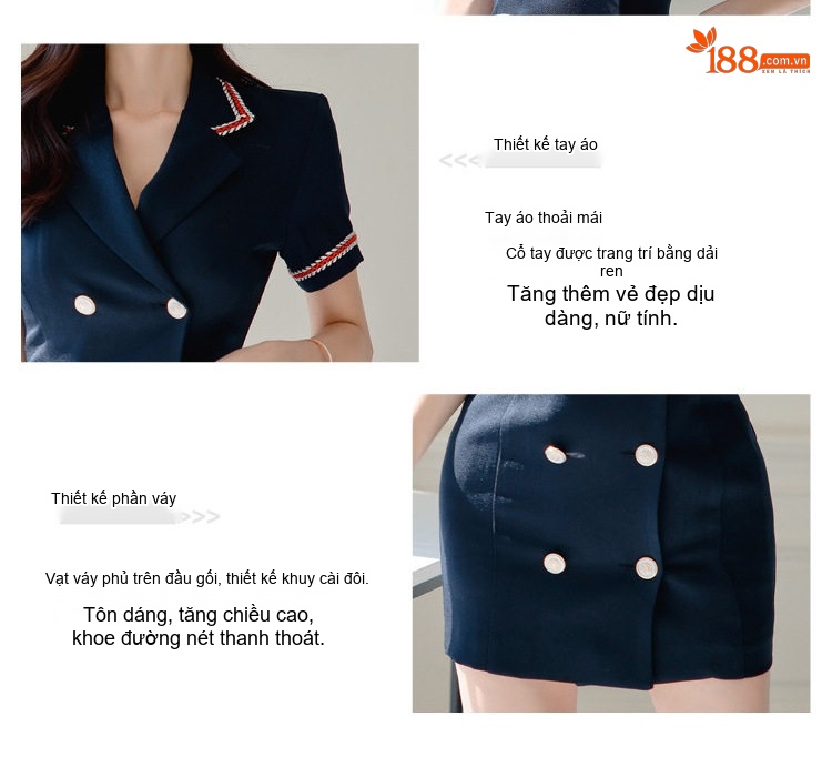 Váy Đầm Ôm Body Nữ Cổ chữ Vest Tay Ngắn Hai Hàng Khuy Phong Cách Thanh Lịch Màu Xanh Navy chi tiết 7
