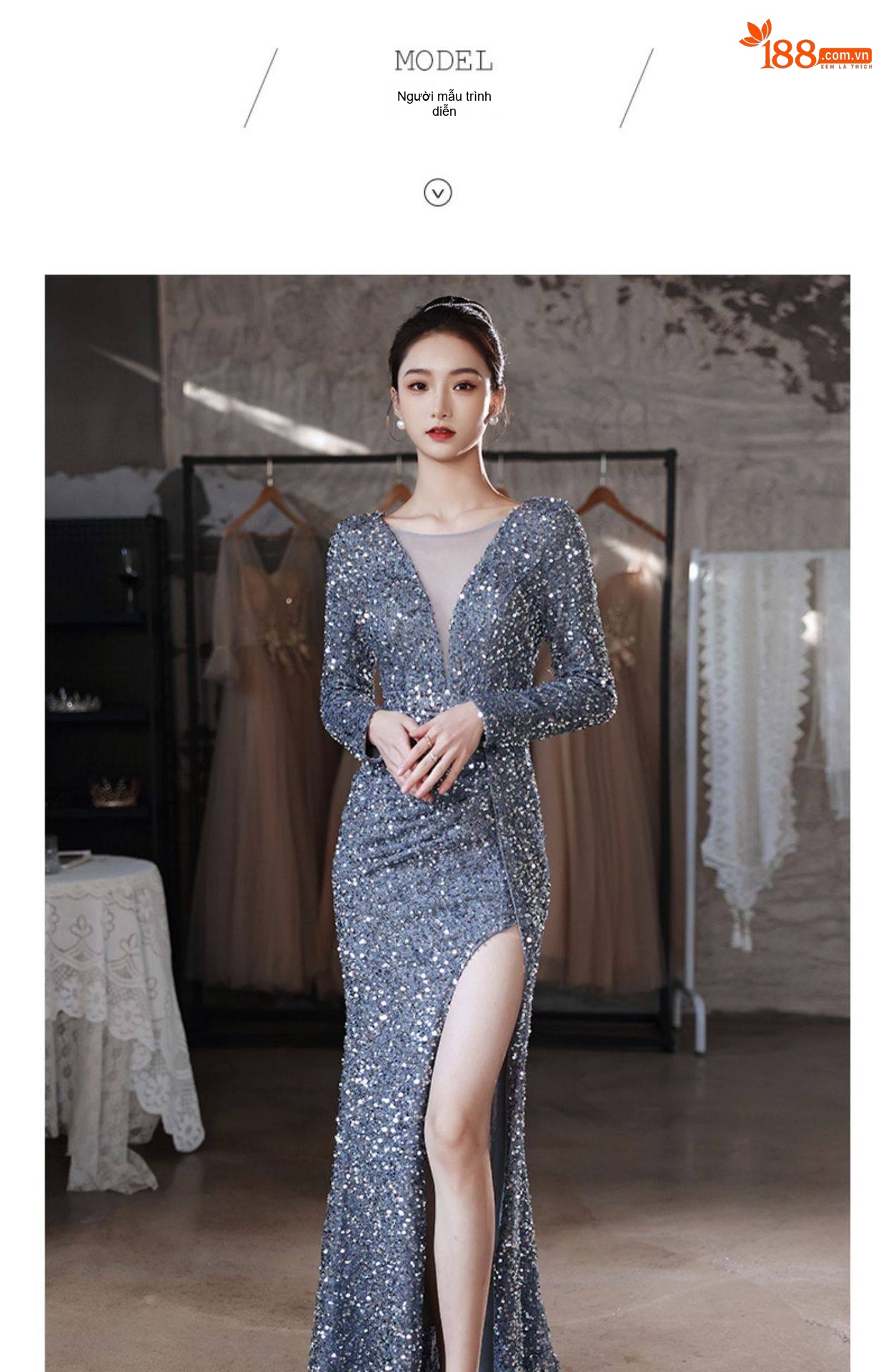 Đầm Dạ Hội Nữ Lấp Lánh Xẻ Tà Dáng Dài Tay Dài Màu Bạc, Vàng Đồng chi tiết 11