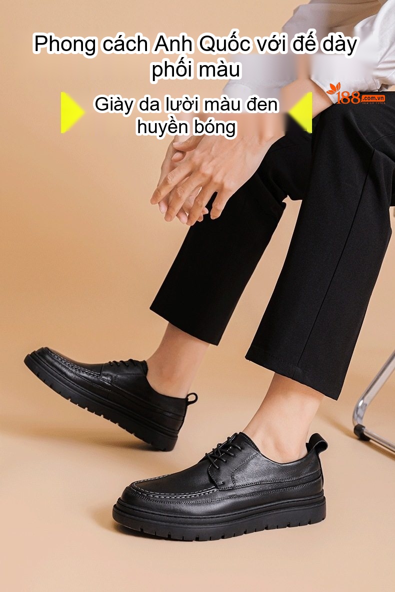 Giày Tây Buộc Dây Nam Da Bò Êm Ái Chiều Cao Đế Khoảng 3.5cm Màu Đen chi tiết 1