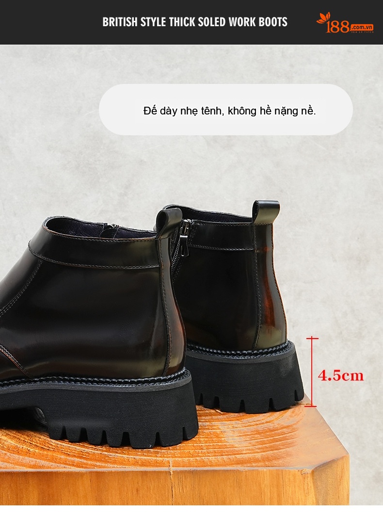 Boot Nam Cổ Cao Da Bóng Khóa Kéo Phong Cách Anh Quốc Chiều Cao Đế Khoảng 4cm Màu Đen chi tiết 3
