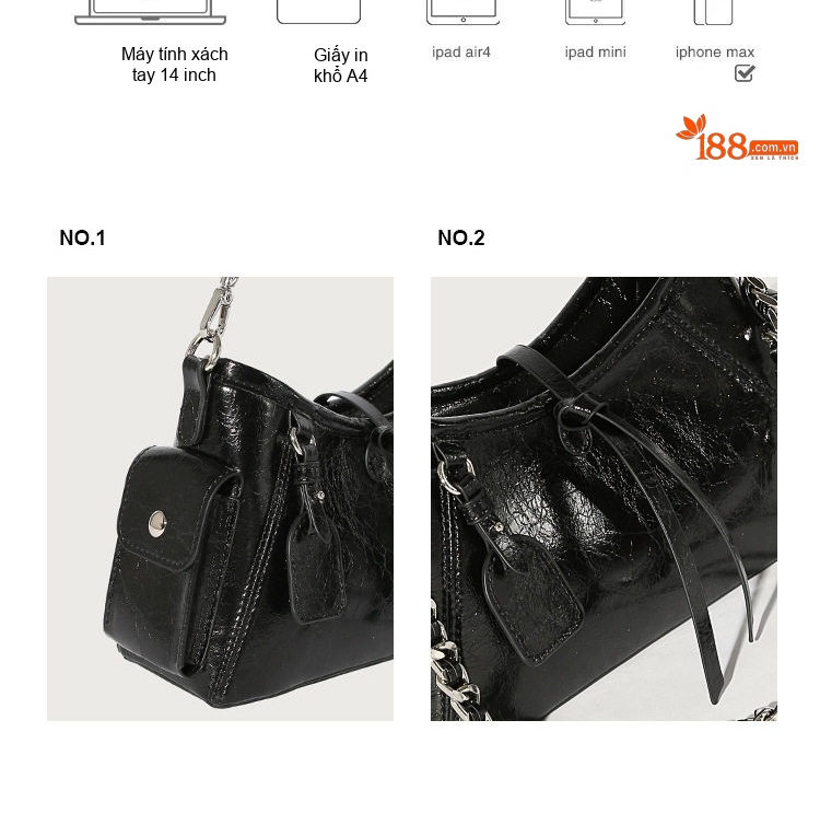 Túi Tote Mini Da Bóng Đeo Vai/Đeo Chéo Thời Trang Màu Đen, Trắng chi tiết 5