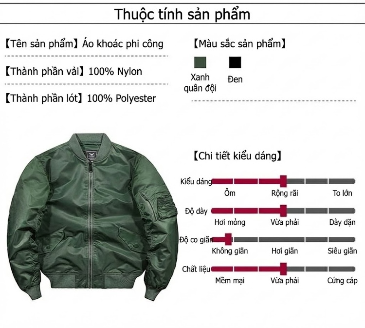 Áo Khoác Bomber Nam Phi Công Bề Mặt Vải Phong Cách Quân Đội Màu Đen, Xanh Lá chi tiết 3