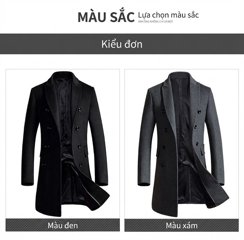 Áo Khoác Dạ Nam Trung Dài Dáng Ôm Hai Hàng Khuy Phong Cách Hàn Quốc Màu Đen, Xám chi tiết 8