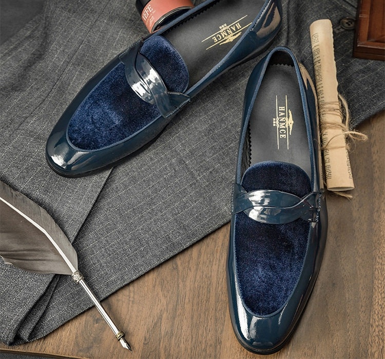 Giày Lười Nam Da Bóng Nỉ Chiều Cao Đế Khoảng 2cm Màu Xanh Navy chi tiết 8