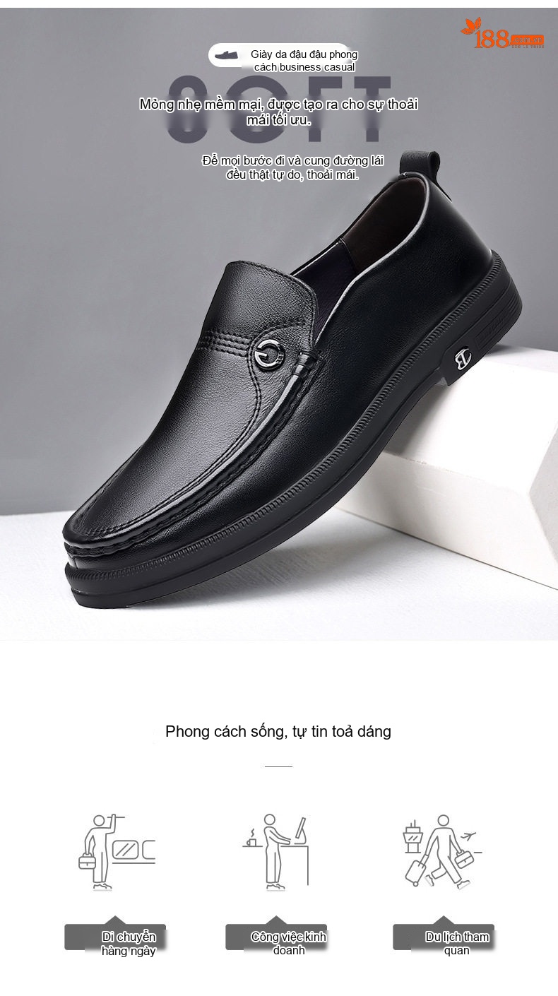 Giày Lười Nam Da Bò Công Sở Thoải Mái Chiều Cao Đế Khoảng 3cm Màu Đen chi tiết 10