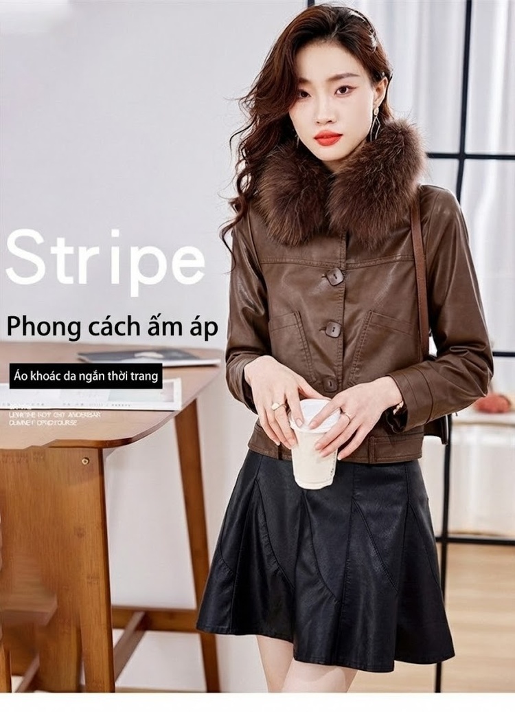 Áo Khoác Da PU Nữ Cổ Lông Ngắn Dáng Ôm Thu Đông Màu Nâu, Đen chi tiết 1