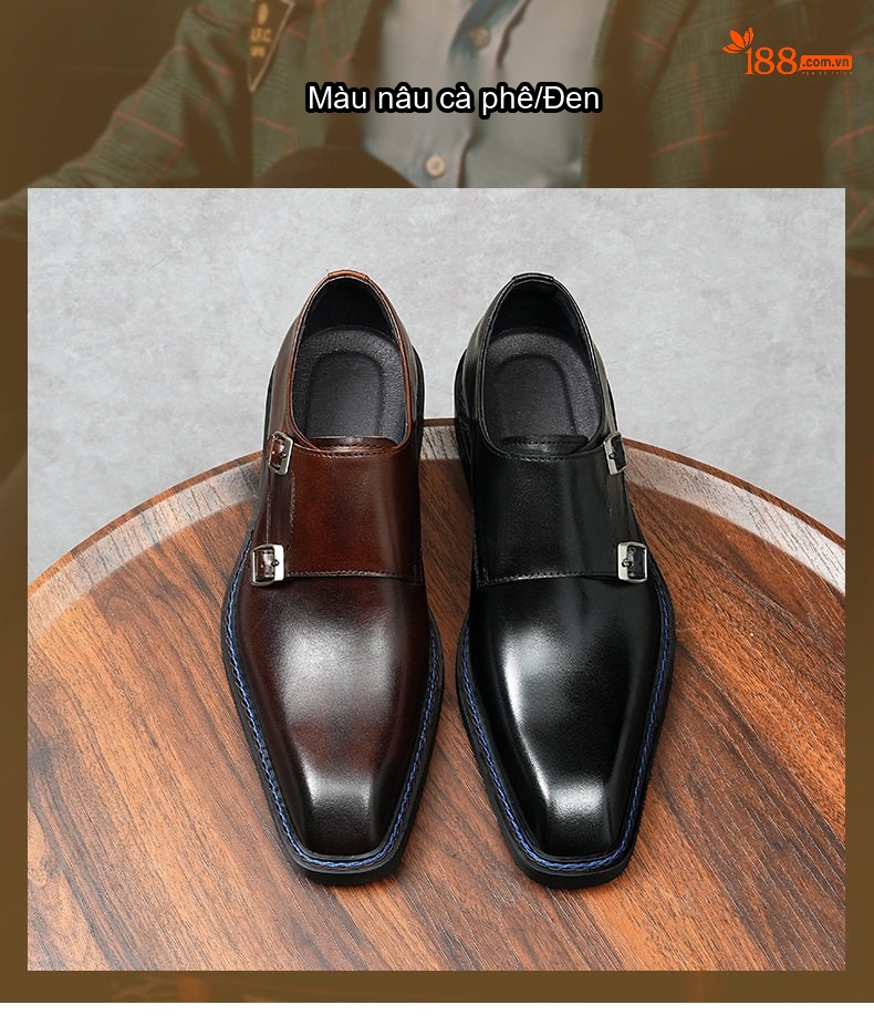 Giày Monkstrap Khóa Cài Nam Da Bò Mũi Vuông Chiều Cao Đế Khoảng 3cm Màu Đen, Nâu chi tiết 3
