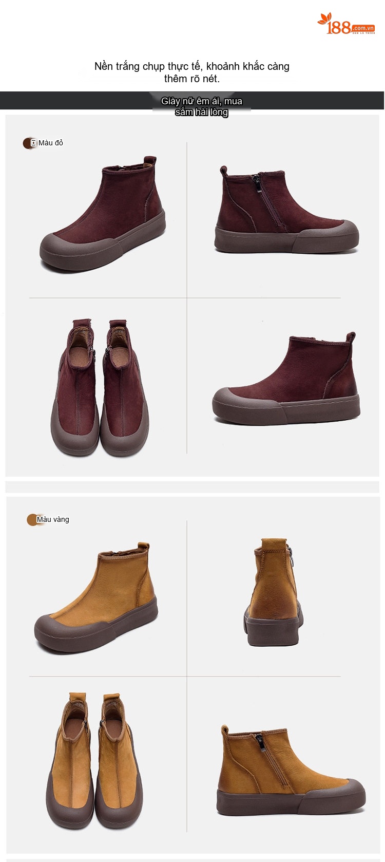 Boot Nữ Da Lộn Đế Dày Khóa Kéo Bên Hông Phong Cách Retro Chiều Cao Đế Khoảng 3cm Màu Đỏ Rượu, Vàng chi tiết 15
