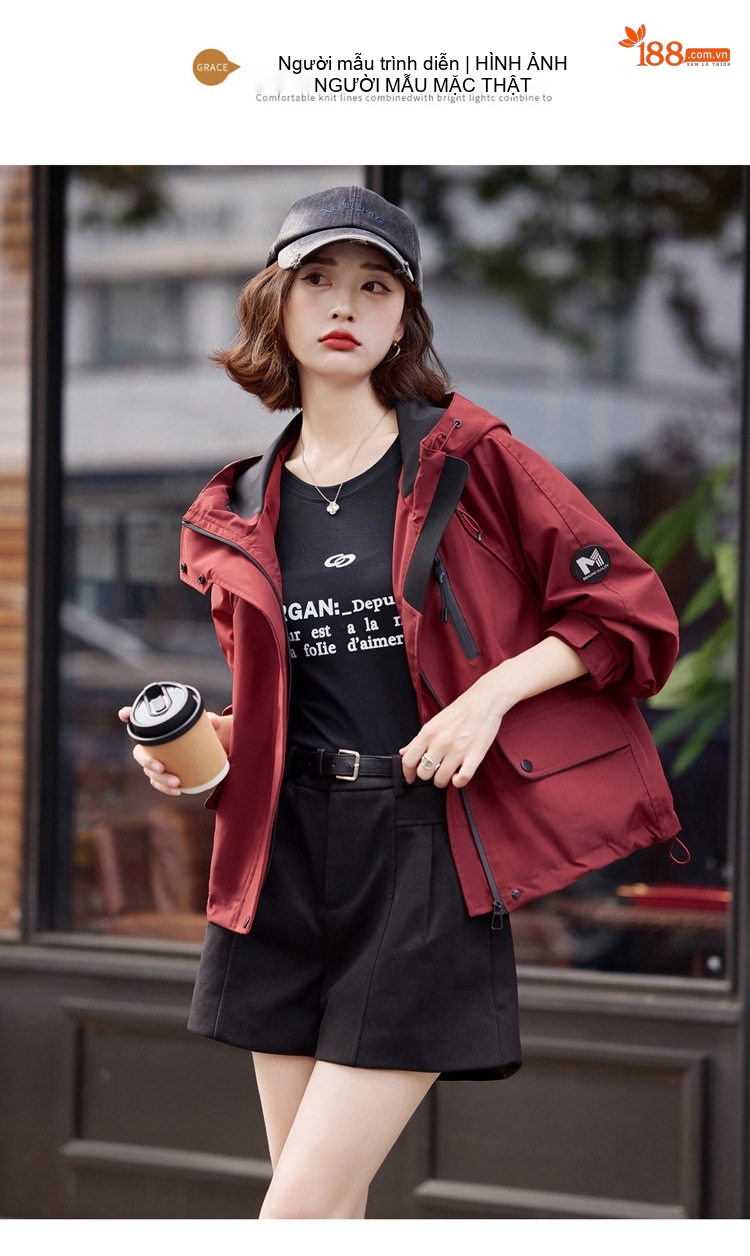 Áo Khoác Nữ Dáng Rộng Có Mũ Trùm Đầu Kiểu Dáng Thời Trang Màu Đỏ, Be chi tiết 15