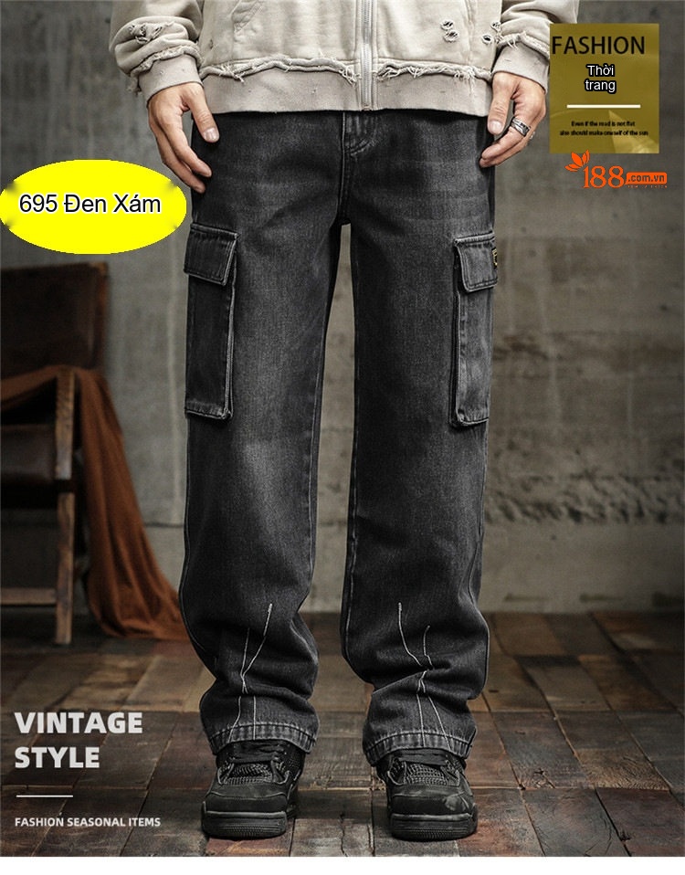 Quần Jean Cargo Nam Ống Rộng Thẳng Lưng Thun Co Giãn Nhiều Túi Phong Cách Retro Màu Xám Đen chi tiết 14