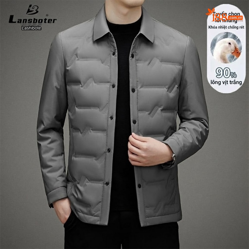Áo Khoác Phao Nam Lông Vũ Mỏng Nhẹ Cổ Sơ Mi Màu Đen, Xám, Xanh Navy