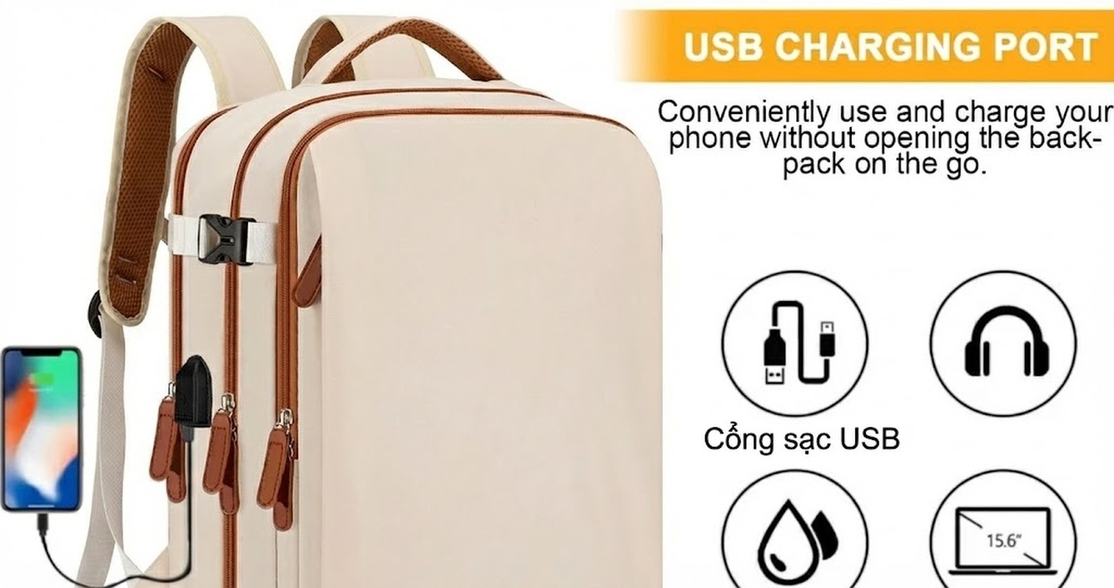 Balo Laptop Du Lịch Vải Bố Đa Năng Sức Chứa Lớn Màu Kem, Nâu