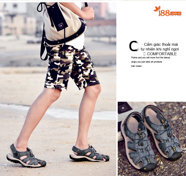 Dép Sandal Nam Bít Mũi Thoáng Khí Chống Trượt Đi Bộ Đường Dài Thủ Công Chiều Cao Đế Khoảng 3cm Màu Đen, Nâu, Xám chi tiết 14