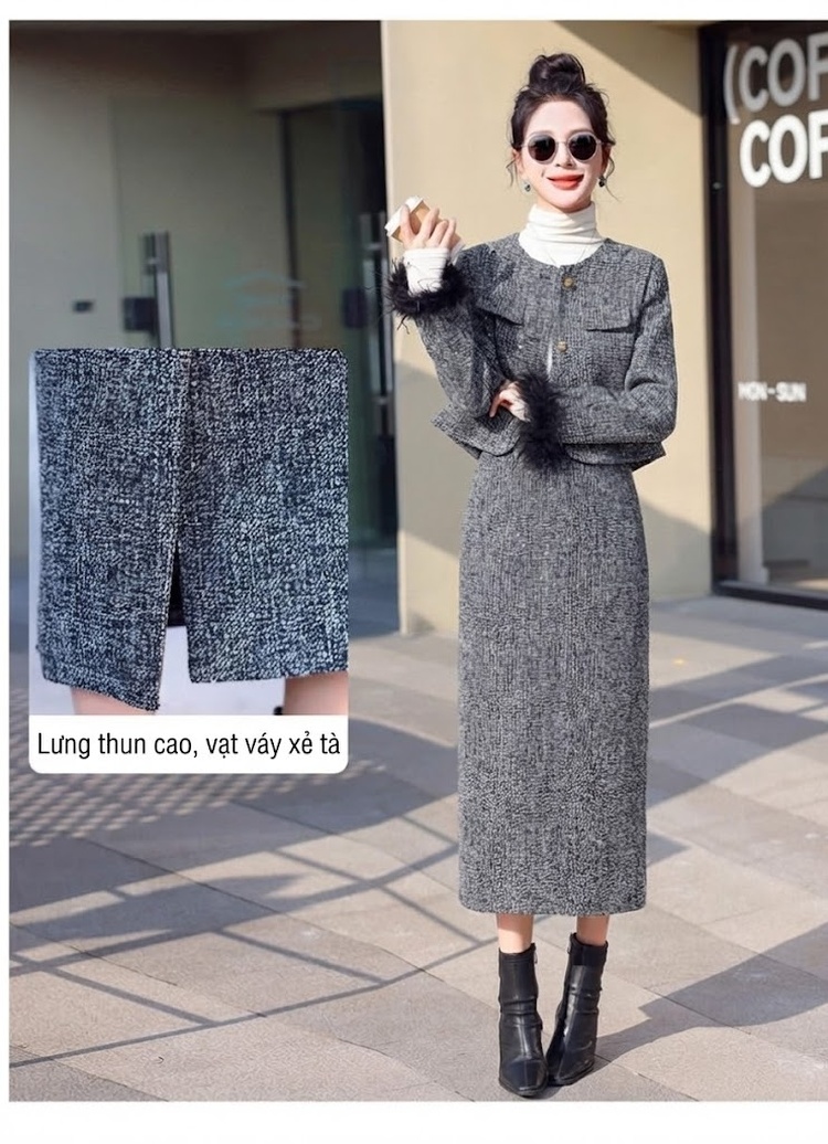 Set Áo Khoác Lửng Tay Lông và Chân Váy Tiểu Thư Dáng Ôm Chất Vải Tweed Màu Xám chi tiết 10