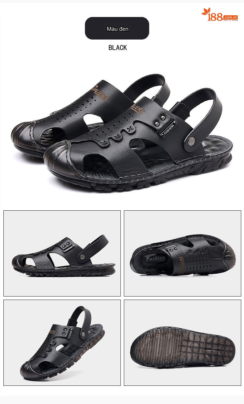Dép Sandal Nam Da Bò Bít Mũi Thoáng Khí Chiều Cao Đế Khoảng 2cm Màu Nâu, Đen chi tiết 16