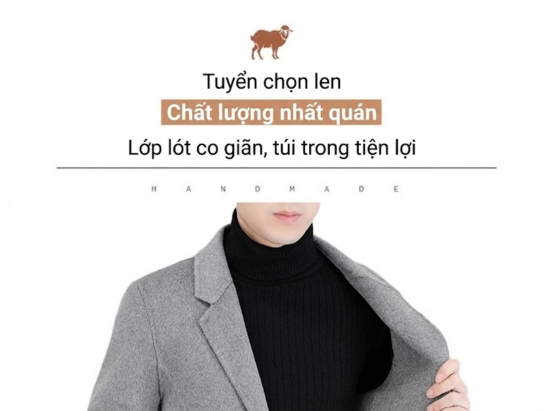 Áo Khoác Dạ Nam Dáng Dài Vừa Cổ chữ Vest Thiết Kế Thủ Công Màu Đen, Xám, Nâu chi tiết 8