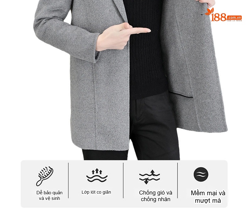 Áo Khoác Dạ Nam Dáng Dài Vừa Cổ chữ Vest Thiết Kế Thủ Công Màu Đen, Xám, Nâu chi tiết 9