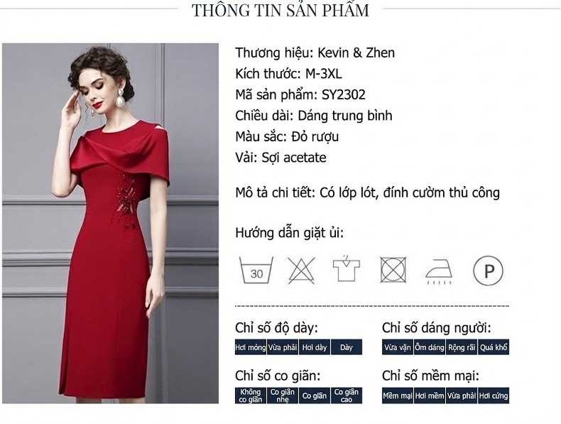 Váy Đầm Nữ Màu Đỏ Cổ Điển Chiết Eo Dáng Dài Chất Liệu Vải Axetat chi tiết 2