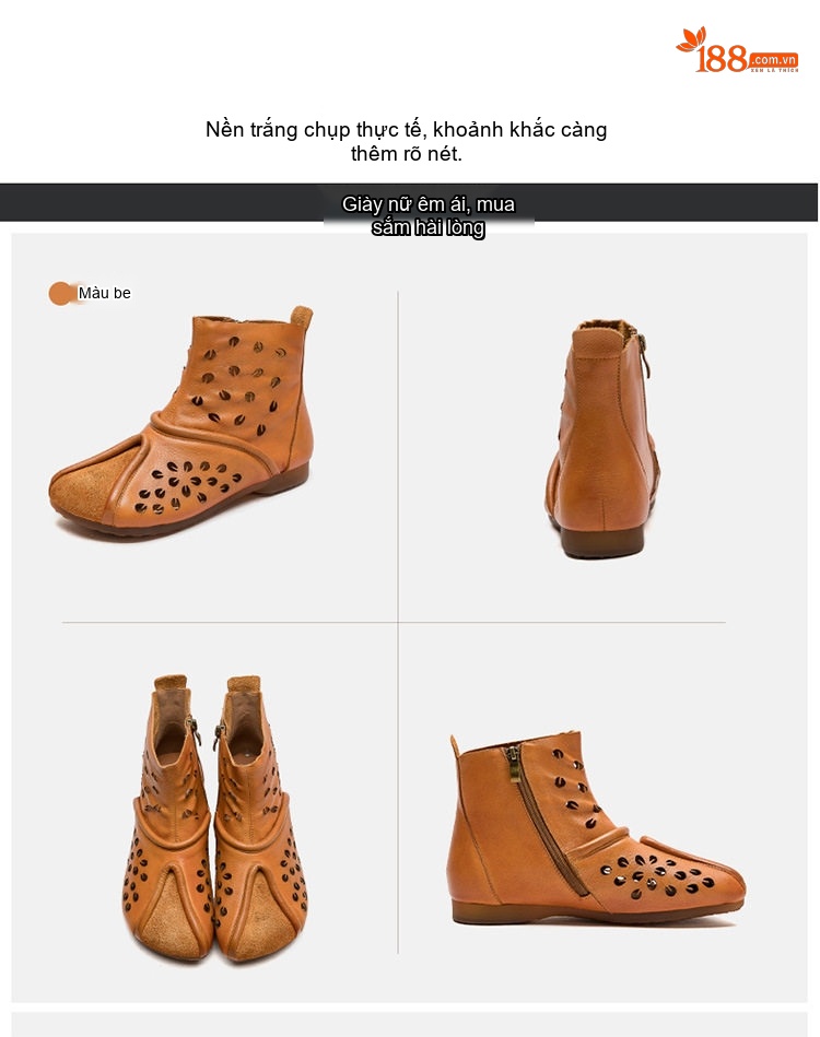 Boot Nữ Da Bò Cao Cổ Khoét Lỗ Thoáng Khí Chiều Cao Đế Khoảng 2cm Màu Nâu, Vàng chi tiết 17