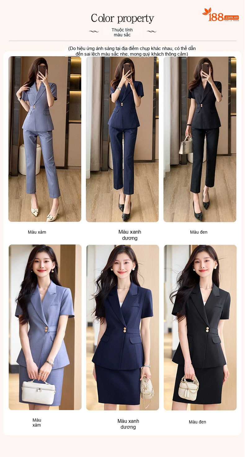 Bộ Vest Công Sở Nữ Tay Ngắn Áo Blazer Quần/Chân Váy Màu Xám, Đen, Xanh Dương chi tiết 3