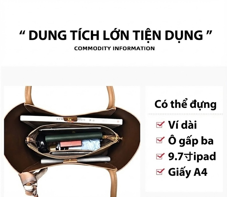 Túi Tote Nữ Da Bóng Đựng Vừa A4, Túi Đeo Vai Nữ Dung Tích Lớn Màu Nâu, Đen chi tiết 4