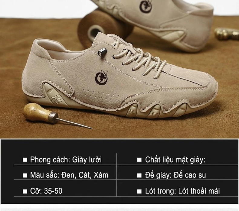 Giày Mọi Nam Da Mờ Chiều Cao Đế Khoảng 2cm Màu Xám, Đen, Kem chi tiết 5