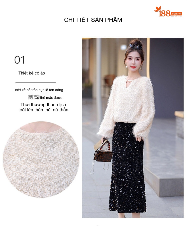 Set Áo Lông Dài Tay và Chân Váy Midi Lấp Lánh Phong Cách Tiểu Thư Màu Trắng, Đen chi tiết 6