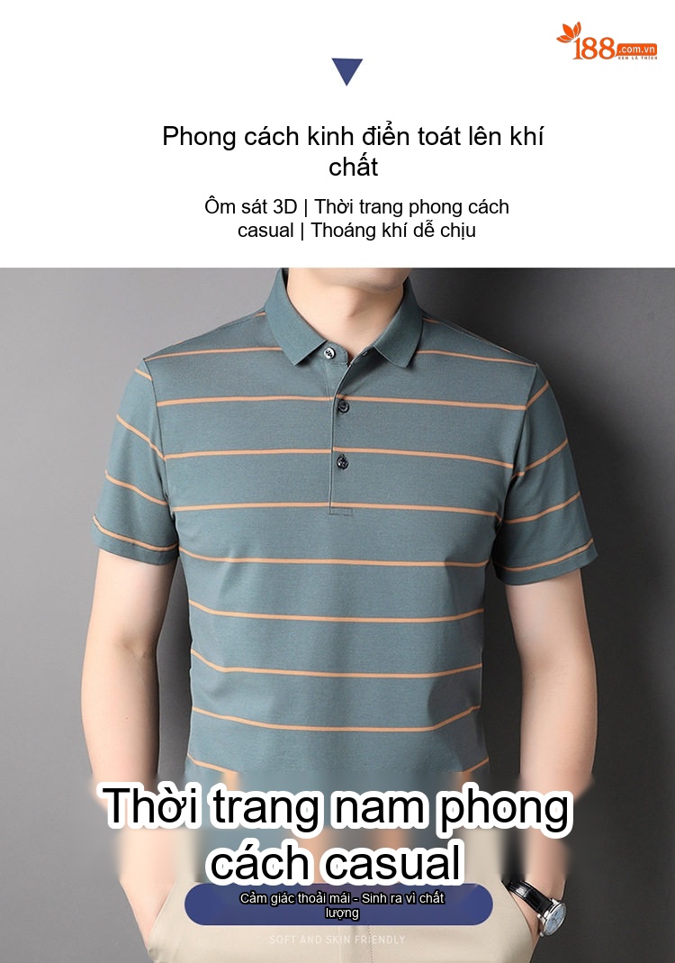 Áo Thun Polo Nam Cotton Kẻ Sọc Cổ Bẻ Chống Nhăn Màu Xám, Xanh, Navy chi tiết 2