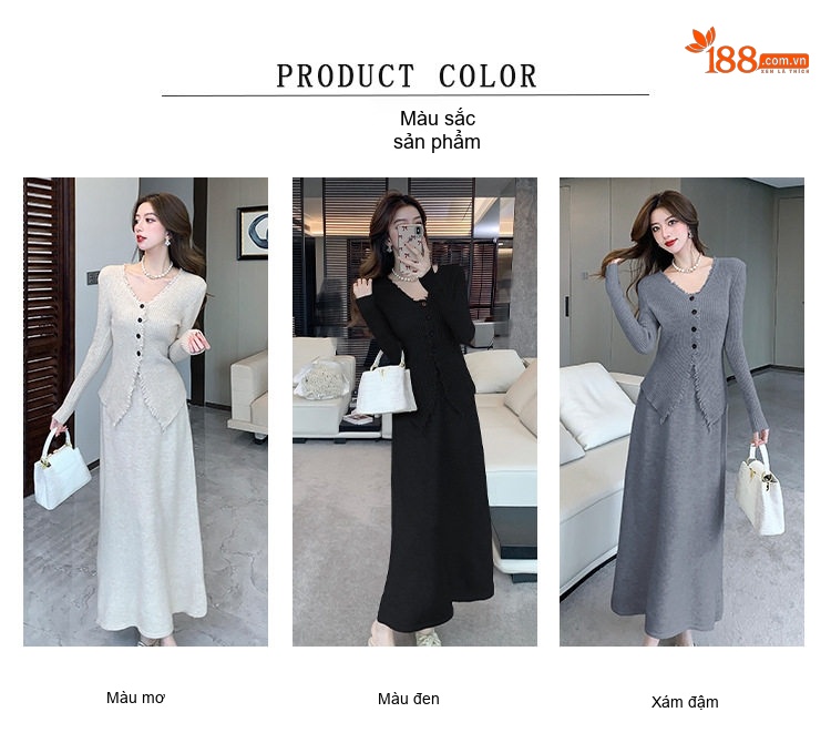 Set Áo Len Dệt Kim Cổ chữ V và Chân Váy Midi dáng chữ A Thanh Lịch Màu Be, Đen, Xám chi tiết 6