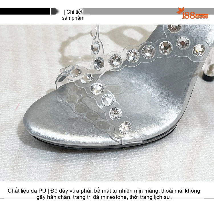 Giày Sandal Cao Gót Nữ Da Bóng Quai Trong Đính Đá Gót Cao 11cm Màu Đen, Trắng chi tiết 3