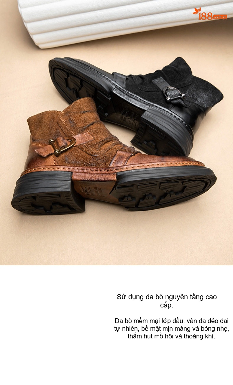 Boot Martin Nam Da Bò Cổ Lửng Phong Cách Mỹ Retro Chiều Cao Đế Khoảng 4cm Màu Đen, Nâu chi tiết 4