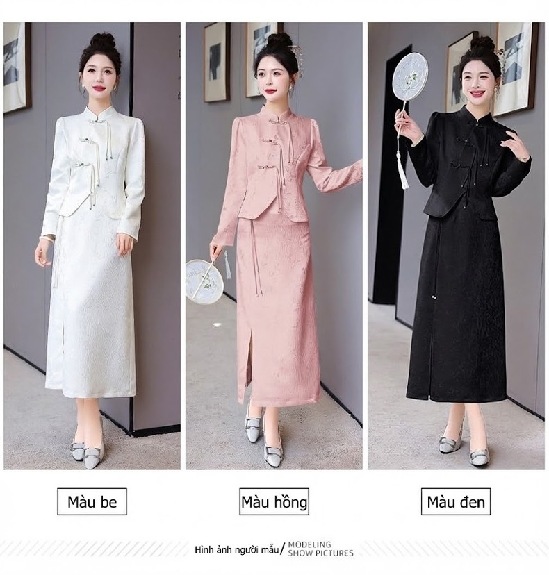 Set Áo Khoác Hán Phục Tay Dài Cổ Tàu Khuy Nút Tinh Tế Và Chân Váy Dài Thanh Lịch Màu Đen, Hồng, Trắng chi tiết 9