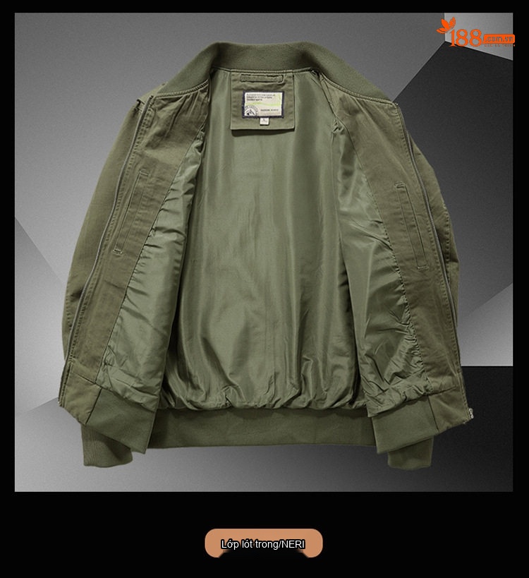 Áo Khoác Bomber Nam Cotton Giặt Nước Nhiều Túi Dáng Rộng Màu Đen, Xanh Olive, Nâu Vàng chi tiết 6