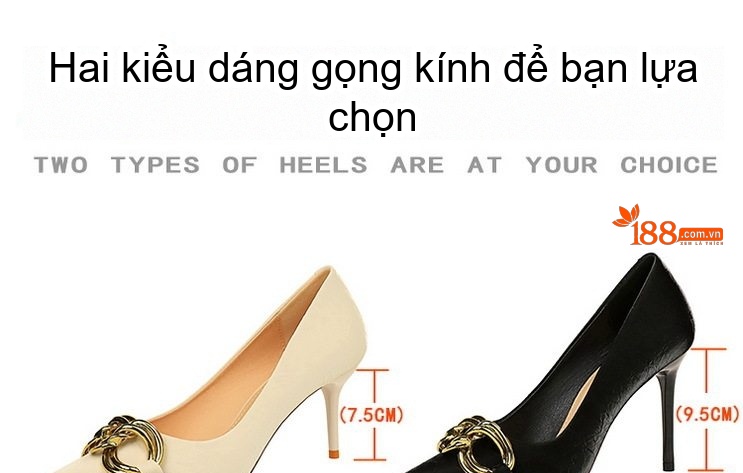 Giày Cao Gót Nữ Mũi Nhọn Da Mờ Khóa Kim Loại Chiều Cao Đế Khoảng 8cm Màu Đen, Kem, Xanh Lá chi tiết 1