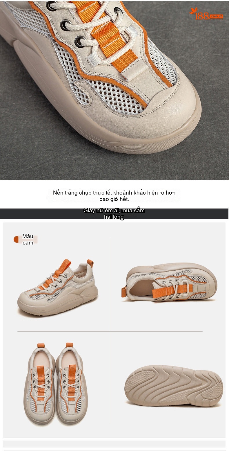 Giày Thể Thao Nữ Da Bò Phối Lưới Buộc Dây Đế Bánh Mì Đế Cao 4cm - 5cm Màu Kem, Xanh Lá, Cam chi tiết 15