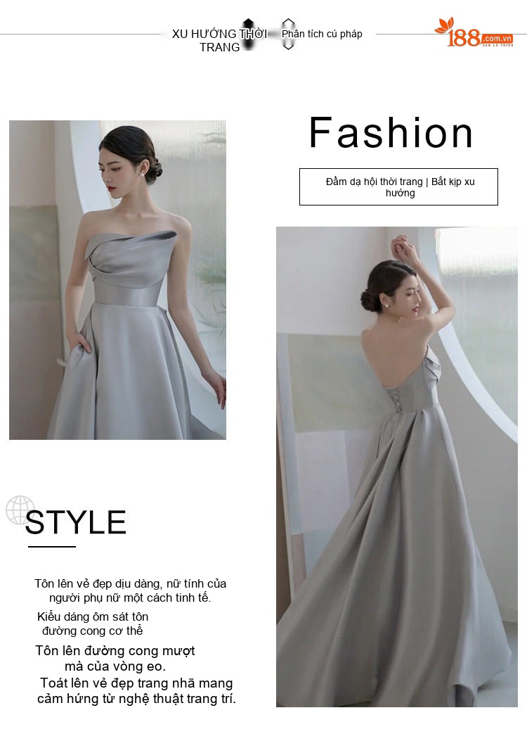 Váy Dạ Hội Dáng Dài Lụa Satin Hở Vai Cao Cấp Cho Nữ Màu Xám chi tiết 2