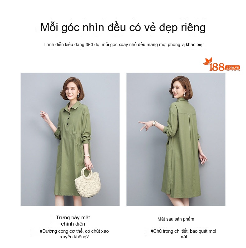 Váy Dài Tay Cotton Linen Dáng Suông Che Bụng Phong Cách Casual Màu Xanh Rêu, Đen chi tiết 5