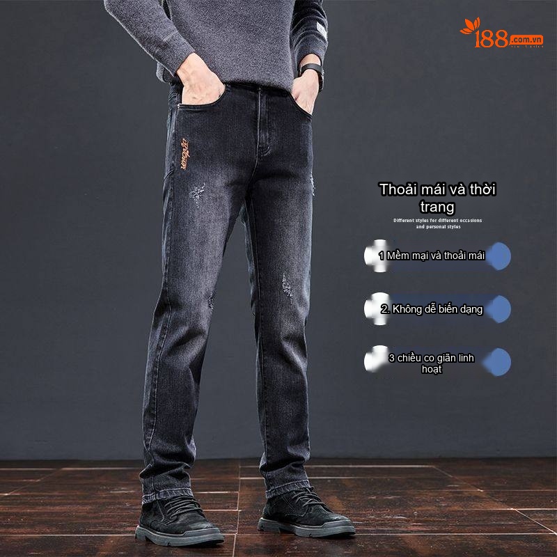 Quần Jean Nam Ống Đứng Cotton Co Giãn Nhẹ Phong Cách Casual Màu Xám Đen