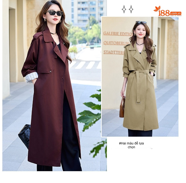 Áo Khoác Gió Dáng Dài Phong Cách Thời Trang Thanh Lịch Màu Nâu Đỏ, Xanh Olive chi tiết 3