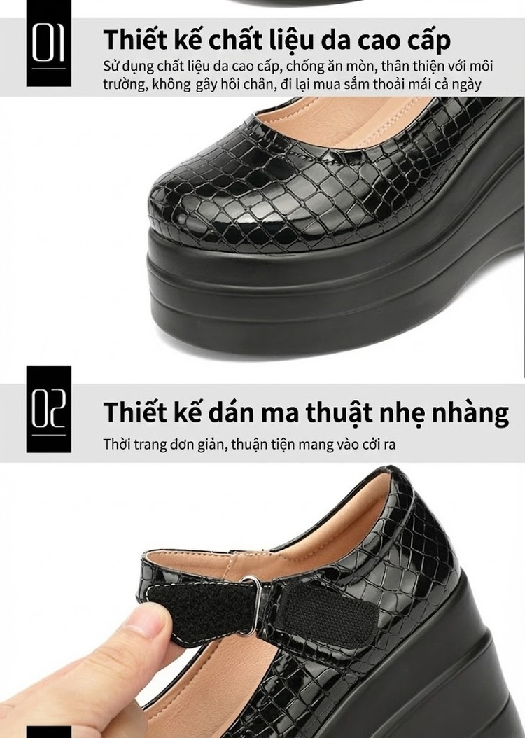 Giày Búp Bê Nữ Da Bóng Quai Ngang Chiều Cao Đế Khoảng 7cm Màu Đen, Trắng, Đỏ chi tiết 5