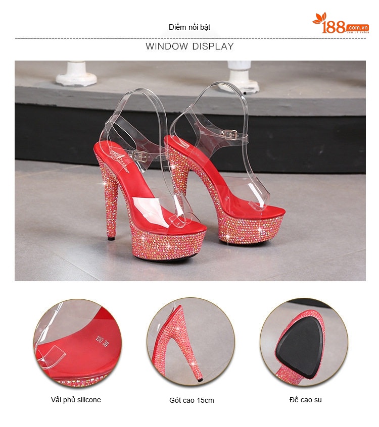 Giày Sandal Cao Gót Nữ Quai Trong Đính Đá Gót Cao 13cm Màu Đỏ, Đen, Bạc, Xanh Lá... chi tiết 3