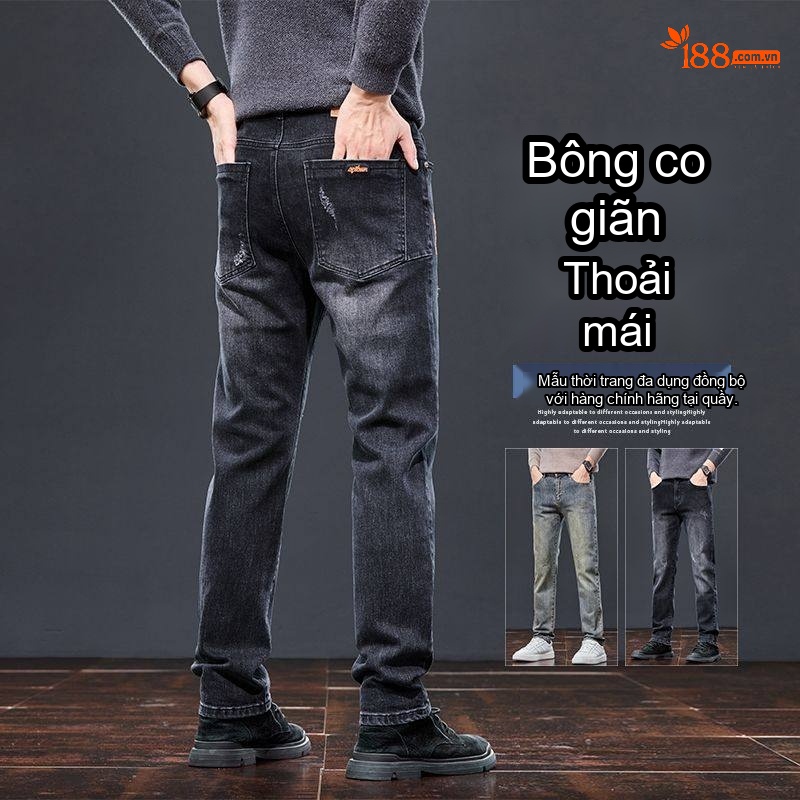 Quần Jean Nam Ống Đứng Cotton Co Giãn Nhẹ Phong Cách Casual Màu Xám Đen